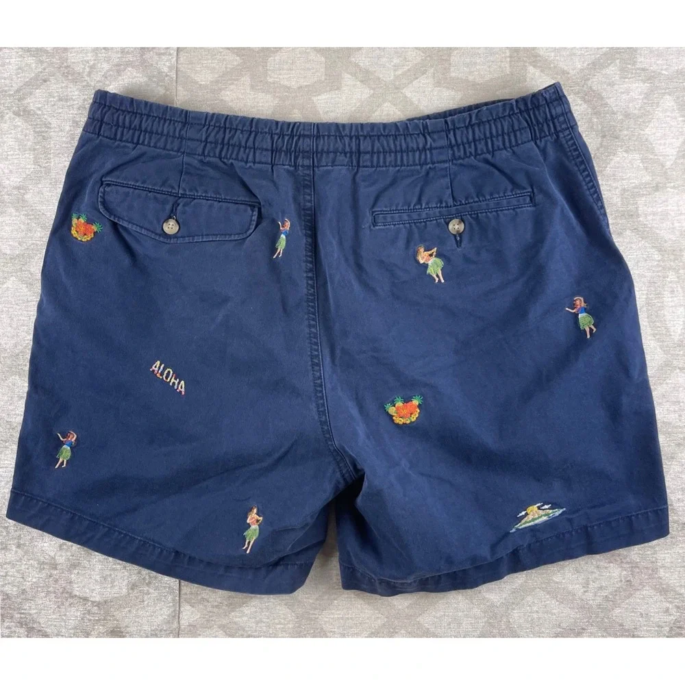 Polo Ralph Lauren Men L Navy Blue Embroidered Hula Aloha Tropical Chino Shorts